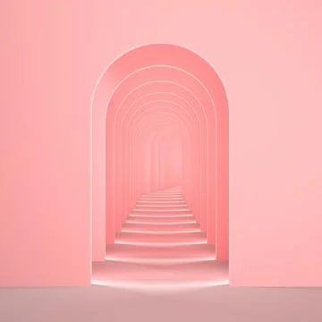 Pink surreal 3d interior render. Abstract arch corridor pastel pink backgro.. Stock Illustration