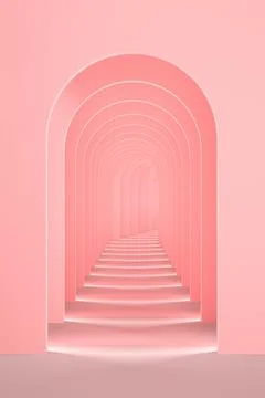 Pink surreal 3d interior render. Abstract arch corridor pastel pink background Stock Illustration