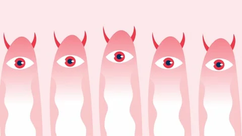 Pink surreal devil figures with eyes in abstract formation Stock Footage 317529277