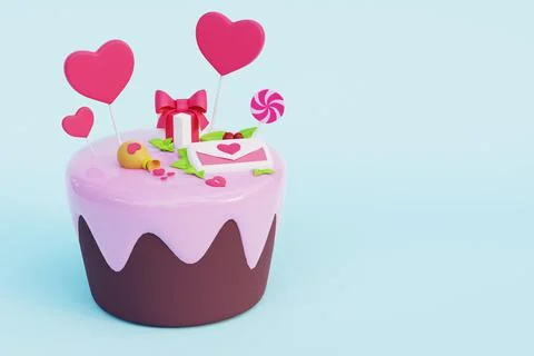 Pink sweet cake for valentine's day february 14 with hearts. 3d render Stock Photos