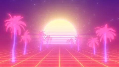 Pink Synthwave Palm Tree Path and Retro 80s Sun on Neon Grid Stock Illustration