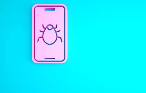 Pink System bug on mobile icon isolated on blue background. Code bug concept. Illustrazione stock