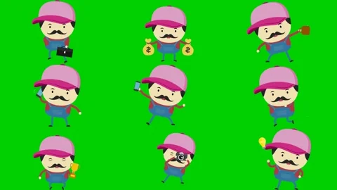 Pink tasks on green screen featuring man flashlight box point money umbrella Stockbeeldmateriaal 334704267