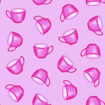 Pink tea cups. Seamless watercolor pattern. Tea time. Delicate print for prin Stock Illustration