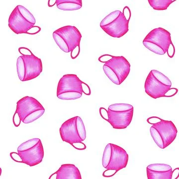 Pink tea cups on a white background. Bright seamless pattern. Watercolor illu Stock Illustration
