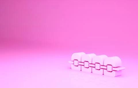 Pink Teeth with braces icon isolated on pink background. Alignment of bite of Stock Illustration