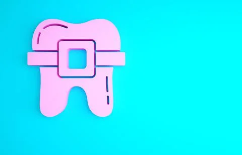 Pink Teeth with braces icon isolated on blue background. Alignment of bite of Stock Illustration