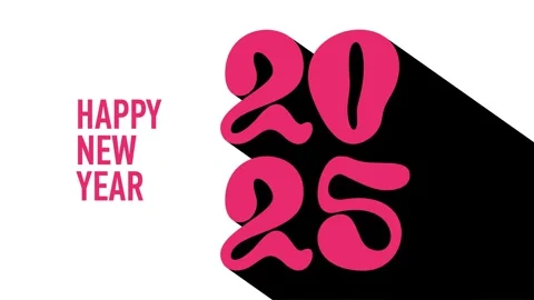 Pink text Happy New Year 2025. Numbers with black long shadow on white Stock Footage 294608058