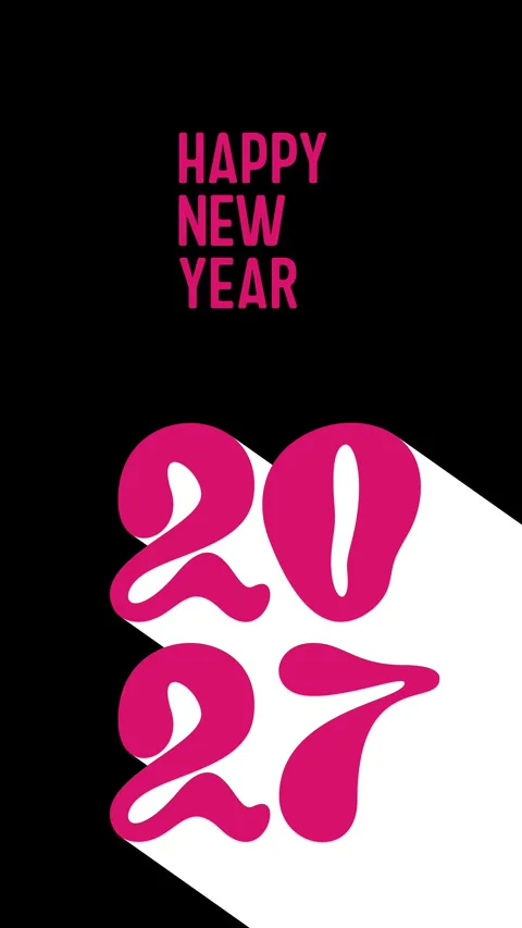 Pink text Happy New Year, numbers 2027 with white shadow on black Stock Footage 341275344