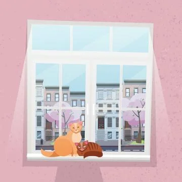 Pink textural wall with a large white window. Outside the window is a city st Ilustración de archivo