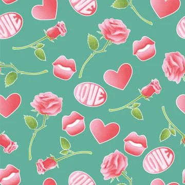 Pink textured vector icons about amorousness and romance. Seamless pattern retro Stock Illustration