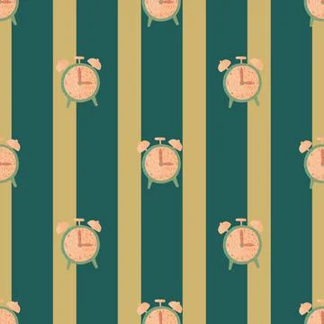 Pink tones alarm clock seamless pattern in gand drawn simple style. Retro wat 스톡 일러스트