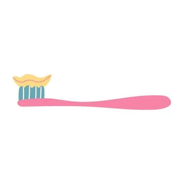Pink toothbrush with paste painted by hand on a white background. Vector Stock Illustration