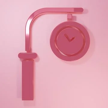 Pink Train station clock icon isolated on pink background. Minimalism conce.. Illustrazione stock