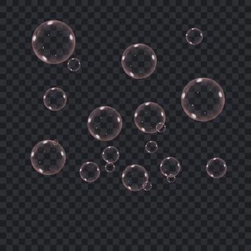 Pink transparent soap bubbles floating with soft glossy reflections on dark.. Stock Illustration