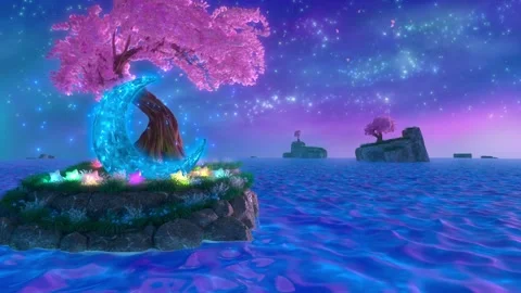 Pink tree and crescent moon on island in the sea 動画素材 242986453