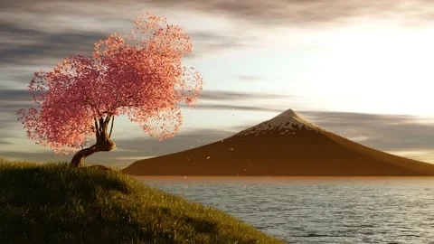 Pink tree on top of a hill overlooking the sea and the mountain Stock Footage 170555839