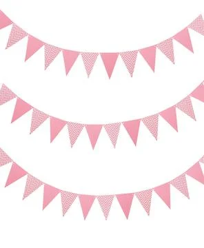 Pink triangular bunting flags on white background. Festive decor Stock Photos