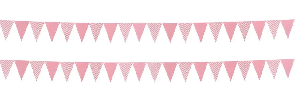 Pink triangular bunting flags on white background, banner design. Festive dec Stock Photos