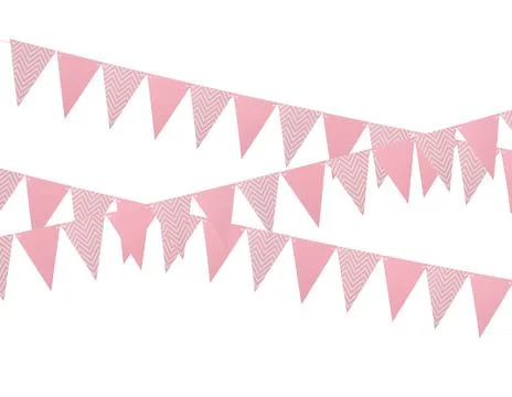 Pink triangular bunting flags on white background. Festive decor Stock Photos