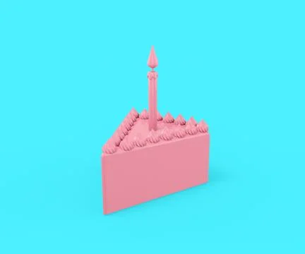Pink triangular piece of cake with a festive candle on a light blue backgro.. Stock Photos