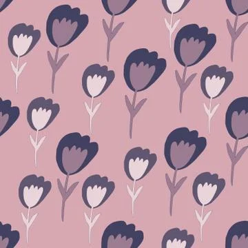 Pink tulip flowers seamless pattern in doodle style. Cute little flower endle Stock Illustration