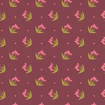 Pink tulip pattern on burgundy background with green leaves Stockillustratie