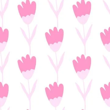 Pink tulip seamless pattern in doodle style on white background.Spring flower Stock Illustration