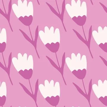 Pink tulip seamless pattern in simple style. Abstract floral backdrop. Cute f Stock Illustration