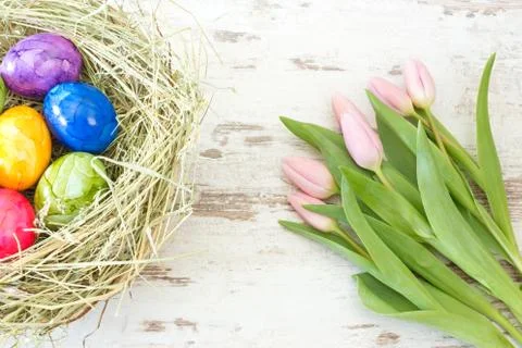 Pink tulips and Easter eggs in a nest Foto stock