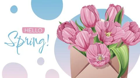 Pink Tulips in Envelope Spring Banner. Floral Design for Womens Day, Season.. Stock Illustration