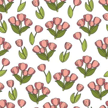 Pink tulips seamless pattern. Vector floral background with spring flowers. C Illustrazione stock