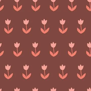 Pink Tulips Simple Seamless Pattern Red Background Stock Illustration