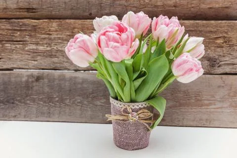 Pink tulips on wooden background Stock Photos