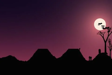 Pink twilight sky with full moon and bats over silhouette hills Ilustração Stock
