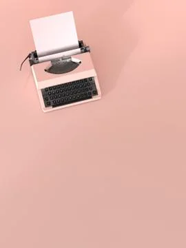 Pink typewriter with empty sheet of paper on pink ground, 3D Rendering Stock Illustration