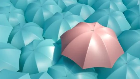 Pink umbrella between blue umbrellas. Not like many. 3 d rendering Stock Illustration