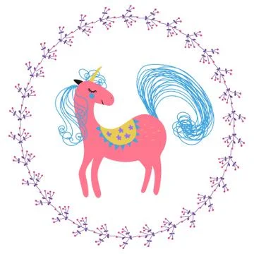 Pink Unicorn In the circle frame. Stock Illustration