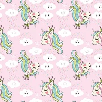 Pink unicorn with clouds pattern vector 스톡 일러스트