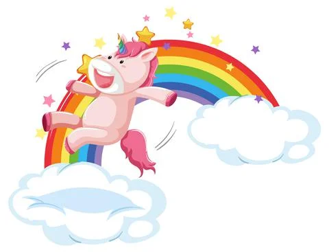 Pink unicorn jumping on a cloud with rainbow Stock Illustration