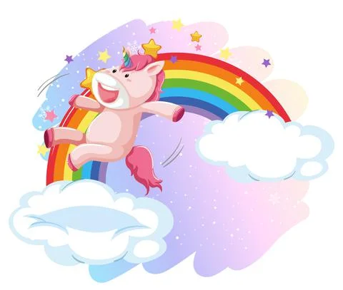 Pink unicorn jumping on a cloud with rainbow Stock Illustration