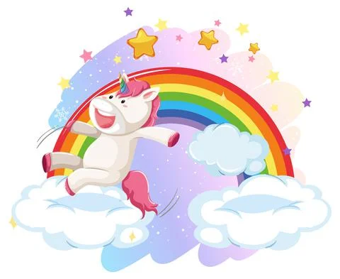 Pink unicorn jumping on a cloud with rainbow Stock Illustration