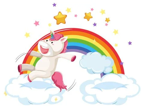 Pink unicorn jumping on a cloud with rainbow Stock Illustration