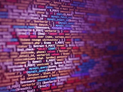 Pink unique background. Programming PHP on laptop computer screen. Program co Stockfoto's