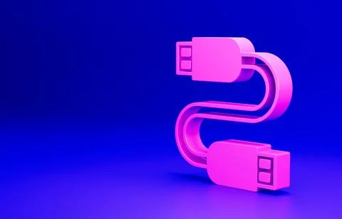 Pink USB cable cord icon isolated on blue background. Connectors and sockets for Stock Illustration