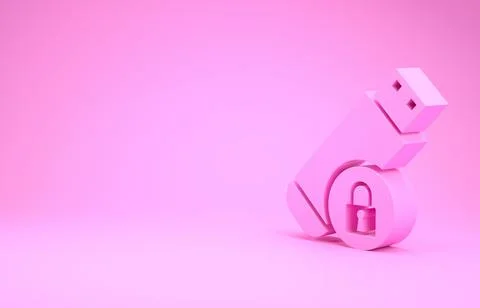 Pink USB flash drive with closed padlock icon isolated on pink background. Se Stockillustratie