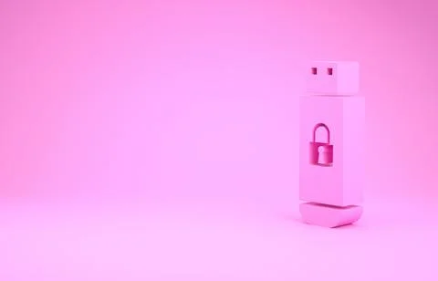 Pink USB flash drive with closed padlock icon isolated on pink background. Se 스톡 일러스트