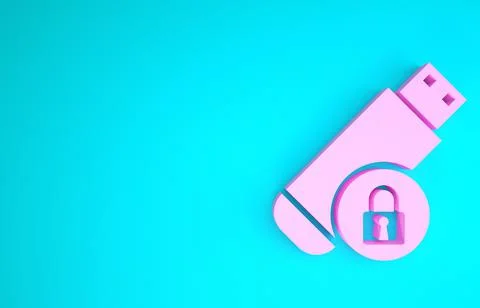 Pink USB flash drive with closed padlock icon isolated on blue background. Se Stock Illustration