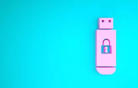 Pink USB flash drive with closed padlock icon isolated on blue background. Se 스톡 일러스트