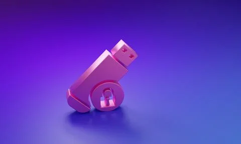 Pink USB flash drive with closed padlock icon isolated on purple-blue backg.. Stockillustratie